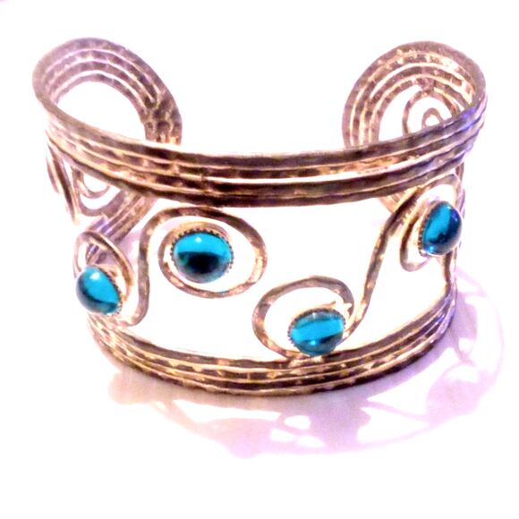 Silver Tone and Blue Glass Cabochon Boho Inspired Cuff Bracelet - Picture 3 of 4